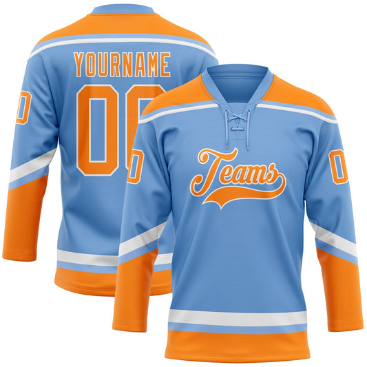 Custom Light Blue Bay Orange-White Hockey Lace Neck Jersey - Main View