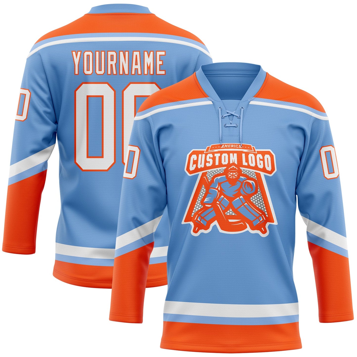 Custom Light Blue White-Orange Hockey Lace Neck Jersey view 2