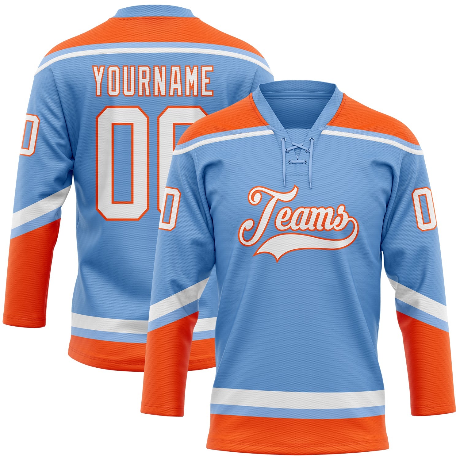 Custom Light Blue White-Orange Hockey Lace Neck Jersey - Main View