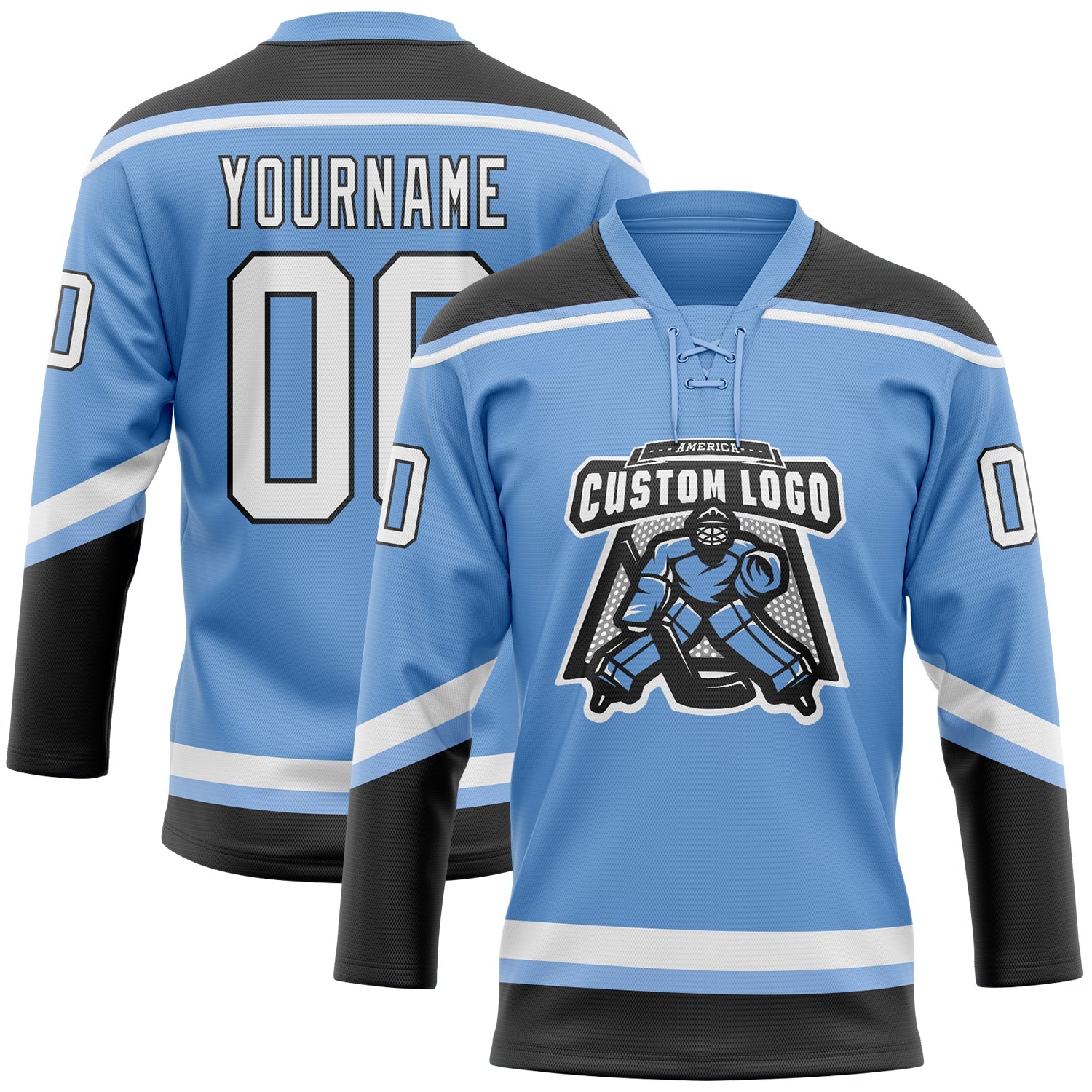 Custom Light Blue White-Black Hockey Lace Neck Jersey view 2