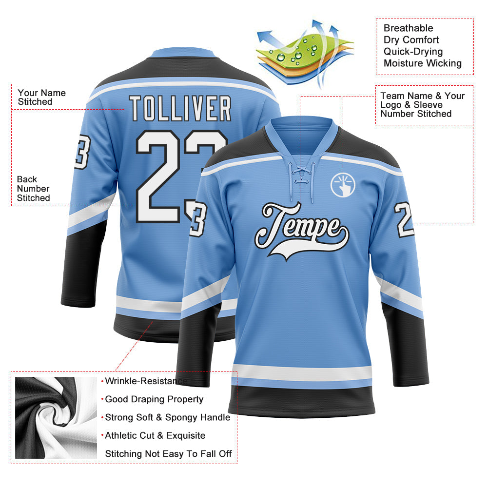 Custom Light Blue White-Black Hockey Lace Neck Jersey view 3