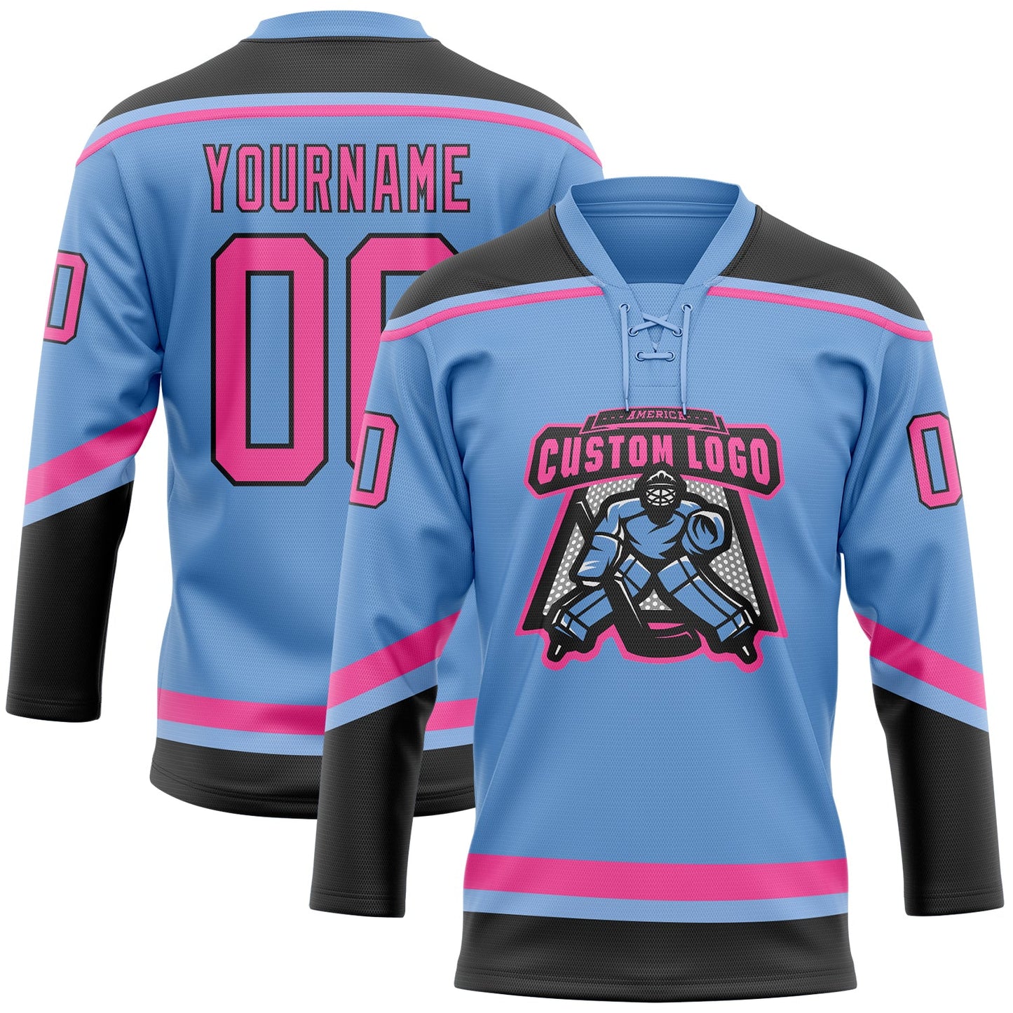 Custom Light Blue Pink-Black Hockey Lace Neck Jersey view 2