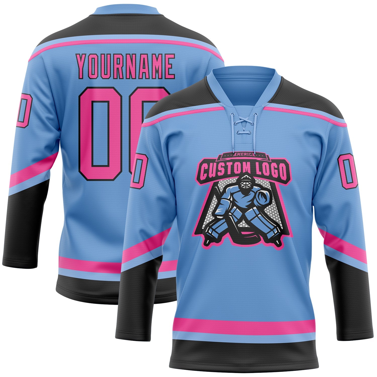 Custom Light Blue Pink-Black Hockey Lace Neck Jersey view 2
