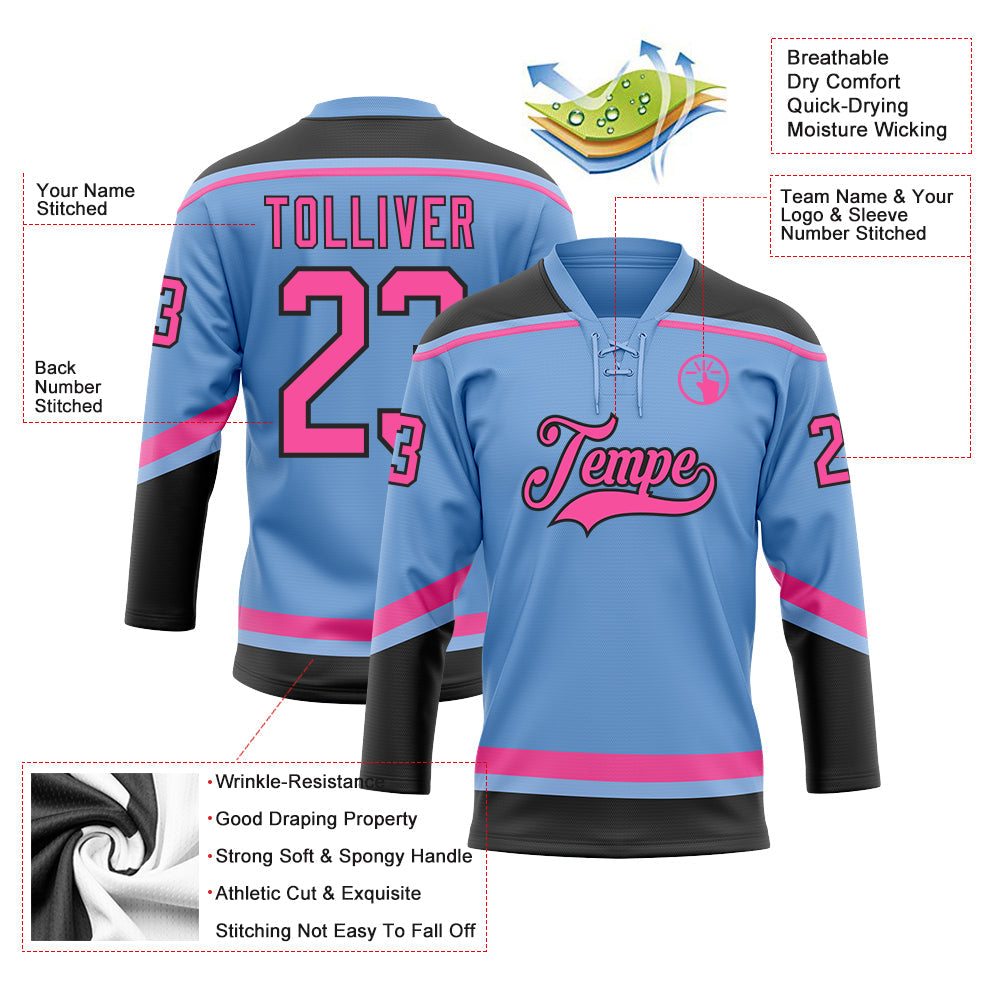 Custom Light Blue Pink-Black Hockey Lace Neck Jersey view 3