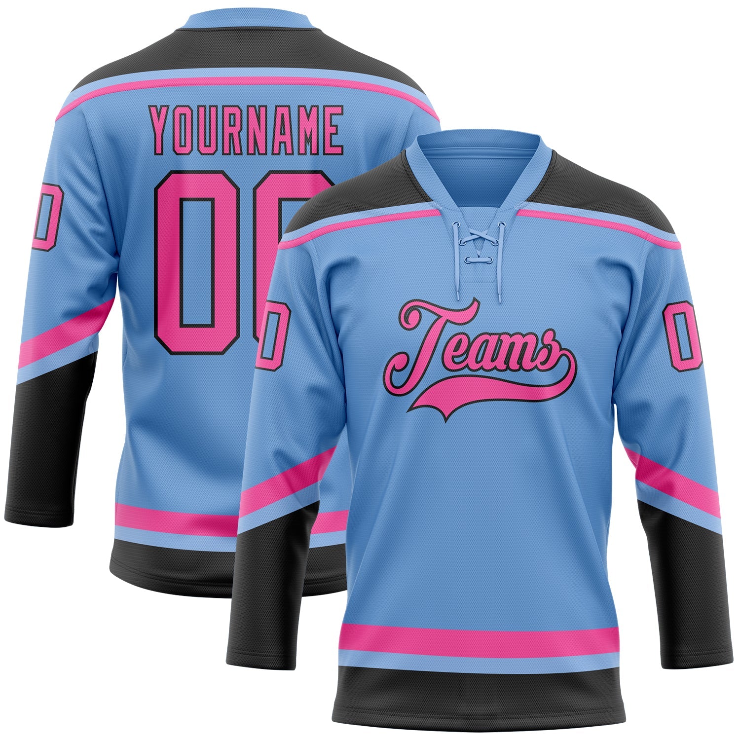 Custom Light Blue Pink-Black Hockey Lace Neck Jersey - Main View