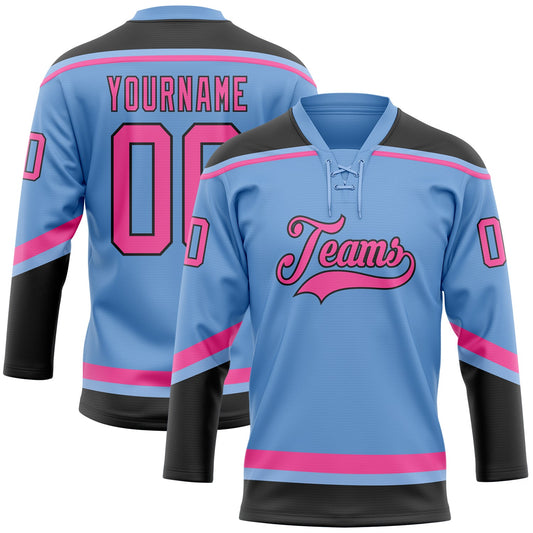 Custom Light Blue Pink-Black Hockey Lace Neck Jersey - Main View