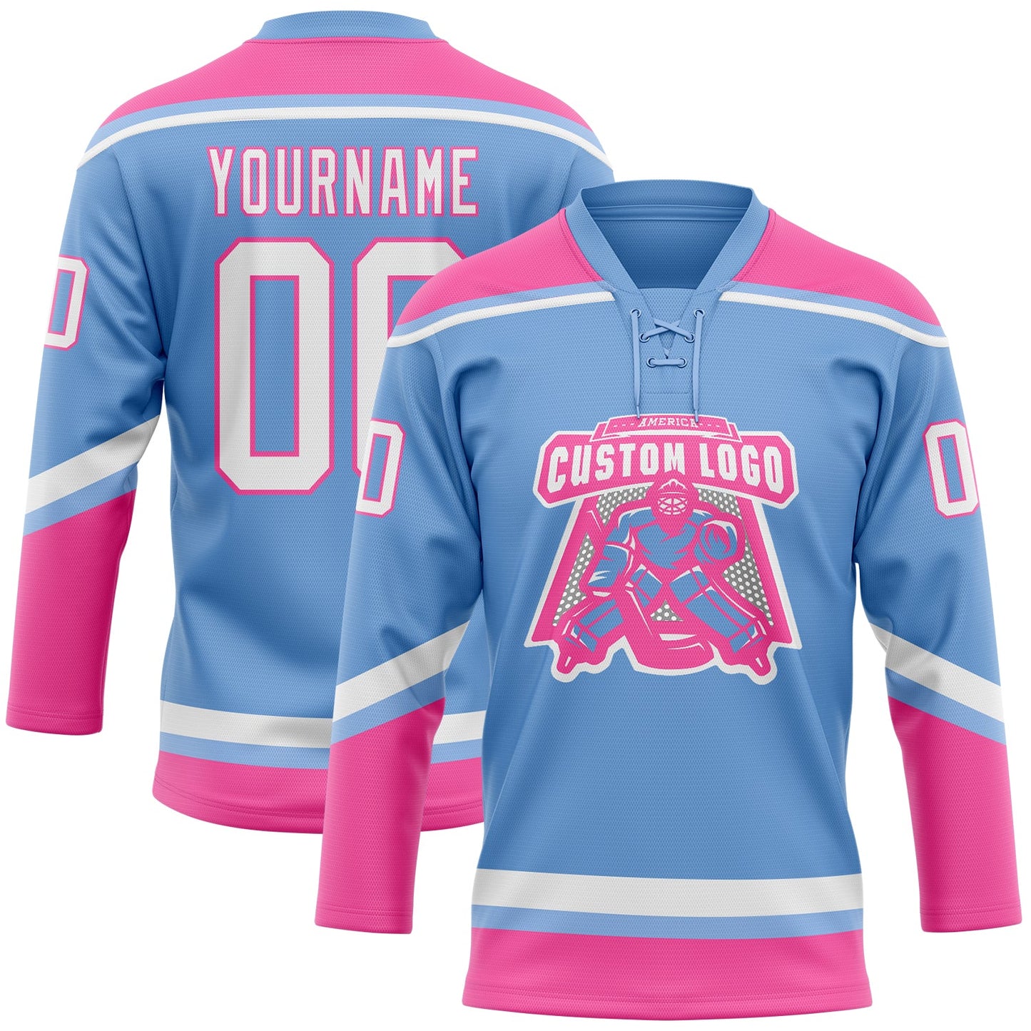 Custom Light Blue White-Pink Hockey Lace Neck Jersey view 2