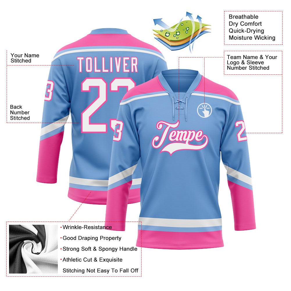Custom Light Blue White-Pink Hockey Lace Neck Jersey view 3