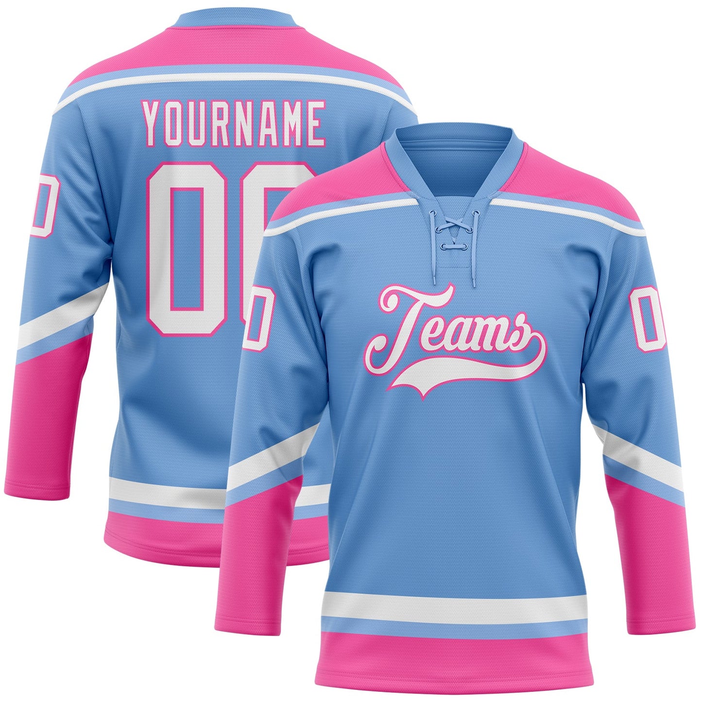 Custom Light Blue White-Pink Hockey Lace Neck Jersey - Main View