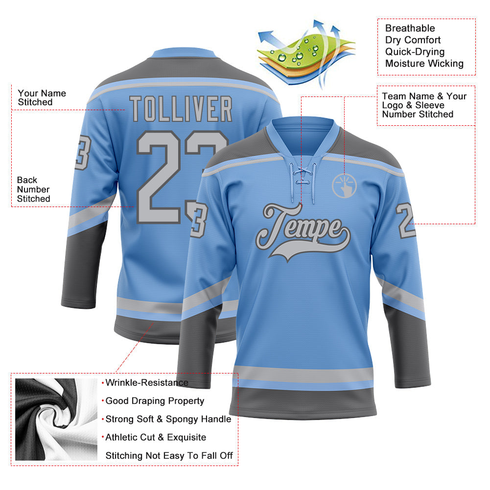Custom Light Blue Gray-Steel Gray Hockey Lace Neck Jersey view 3