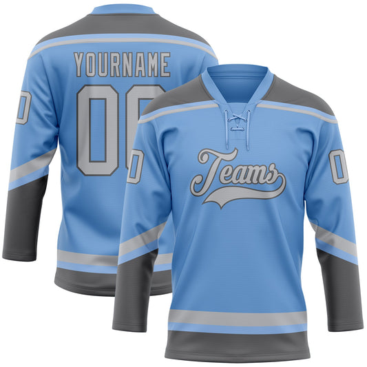 Custom Light Blue Gray-Steel Gray Hockey Lace Neck Jersey - Main View