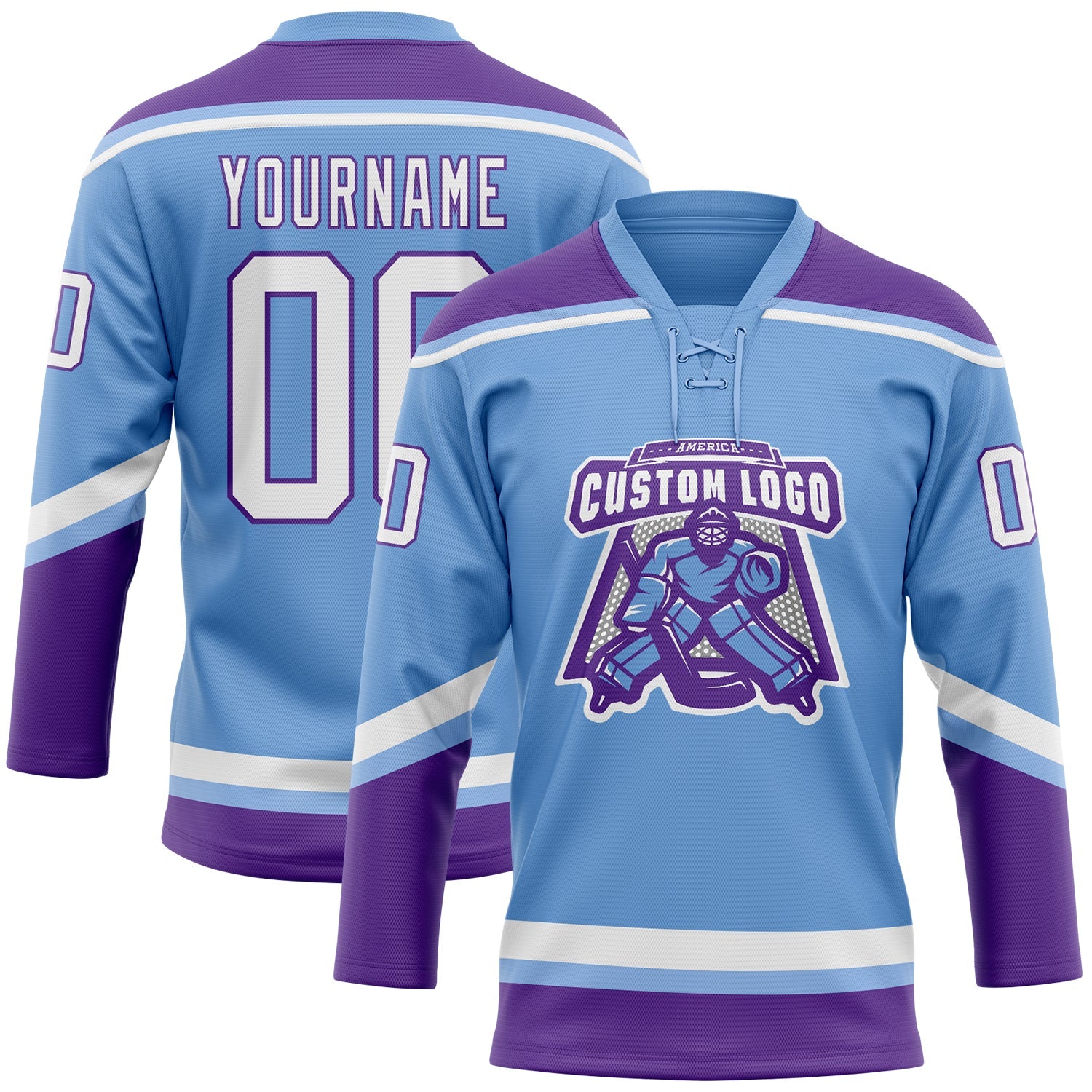 Custom Light Blue White-Purple Hockey Lace Neck Jersey view 2