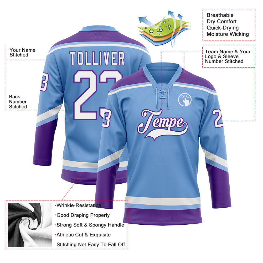 Custom Light Blue White-Purple Hockey Lace Neck Jersey view 3