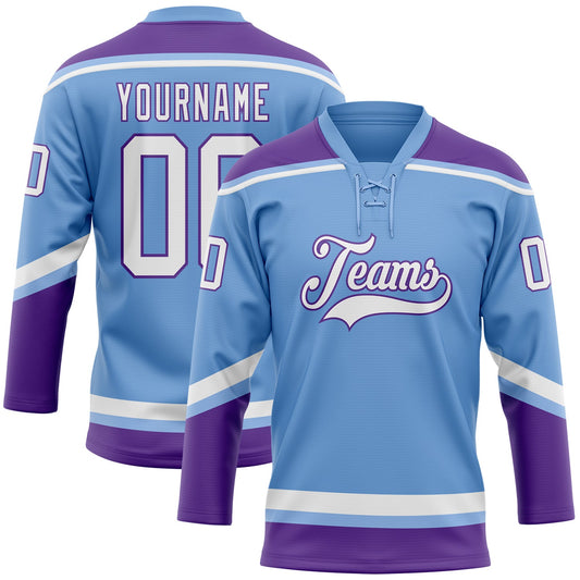 Custom Light Blue White-Purple Hockey Lace Neck Jersey - Main View