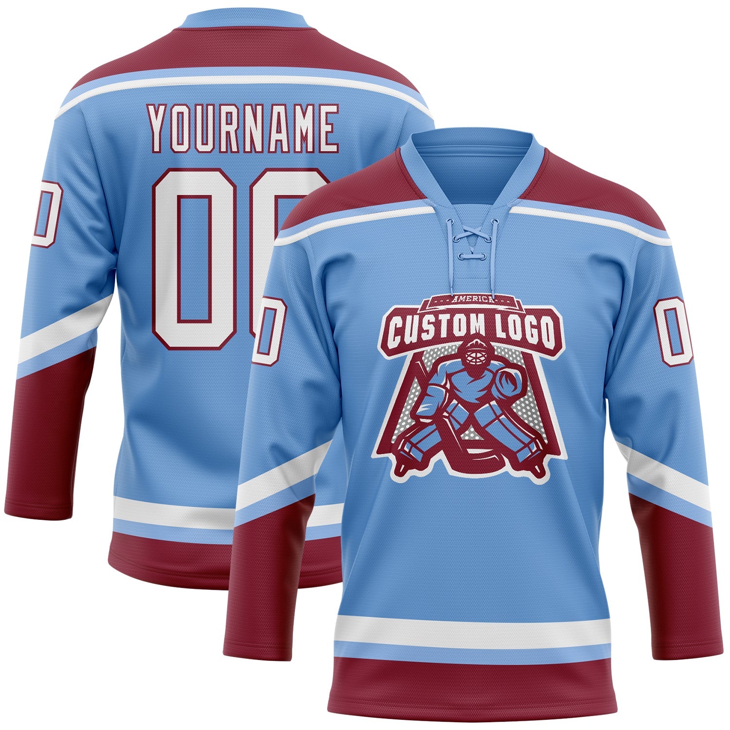 Custom Light Blue White-Crimson Hockey Lace Neck Jersey view 2