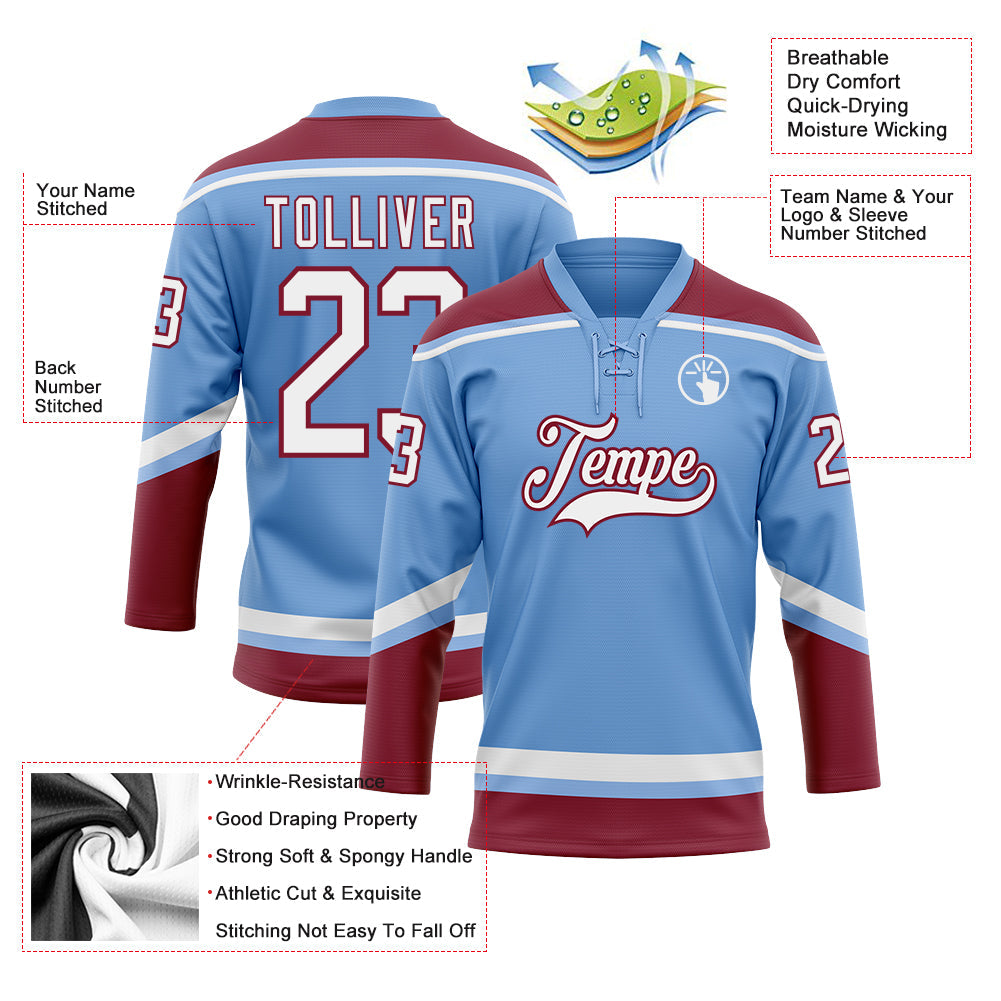 Custom Light Blue White-Crimson Hockey Lace Neck Jersey view 3