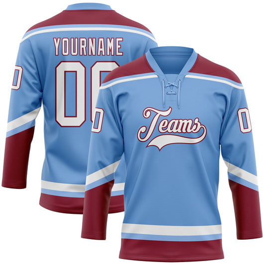 Custom Light Blue White-Crimson Hockey Lace Neck Jersey - Main View