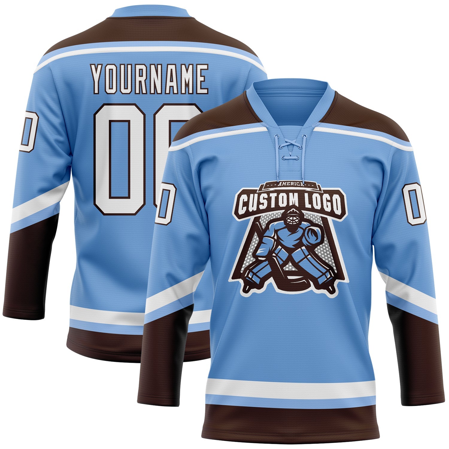 Custom Light Blue White-Brown Hockey Lace Neck Jersey view 2
