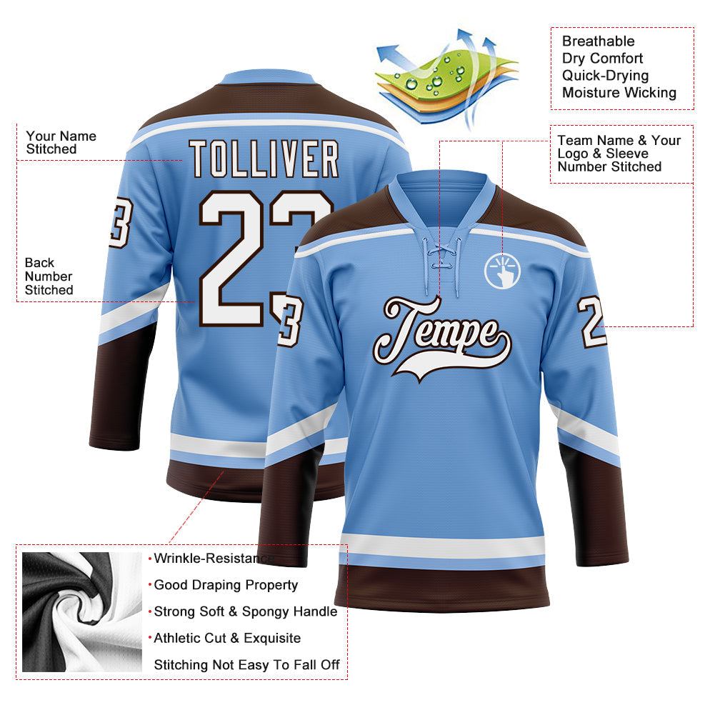 Custom Light Blue White-Brown Hockey Lace Neck Jersey view 3