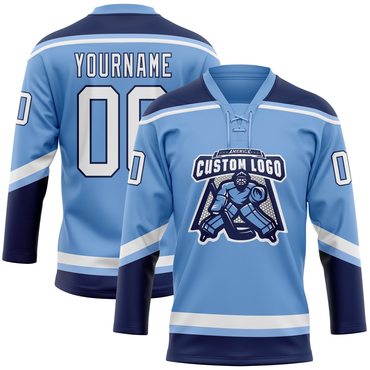Custom Light Blue White-Navy Hockey Lace Neck Jersey view 2