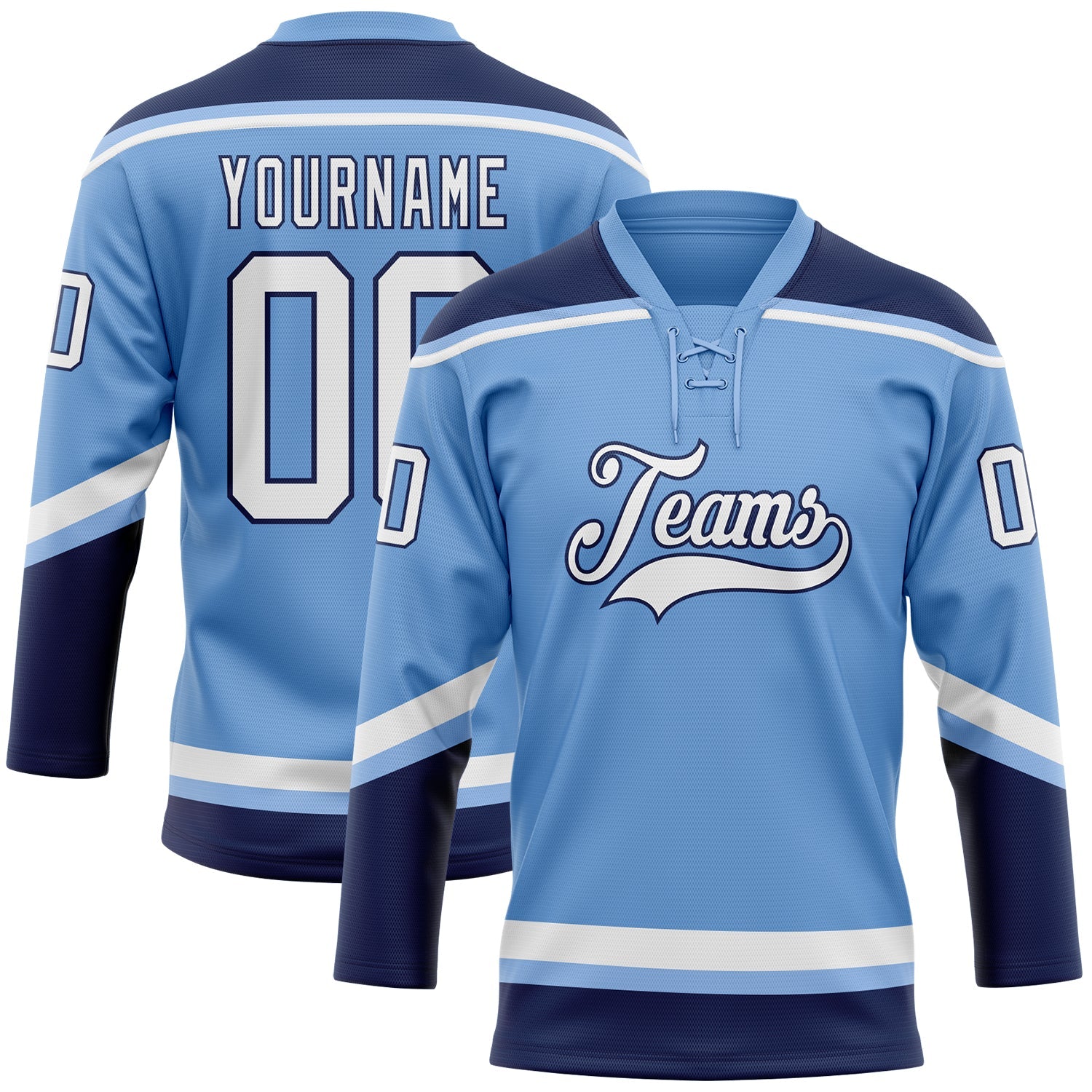 Custom Light Blue White-Navy Hockey Lace Neck Jersey - Main View
