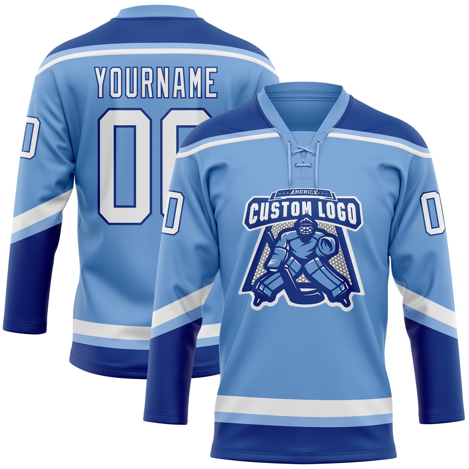 Custom Light Blue White-Royal Hockey Lace Neck Jersey view 2