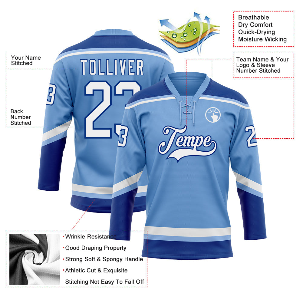 Custom Light Blue White-Royal Hockey Lace Neck Jersey view 3