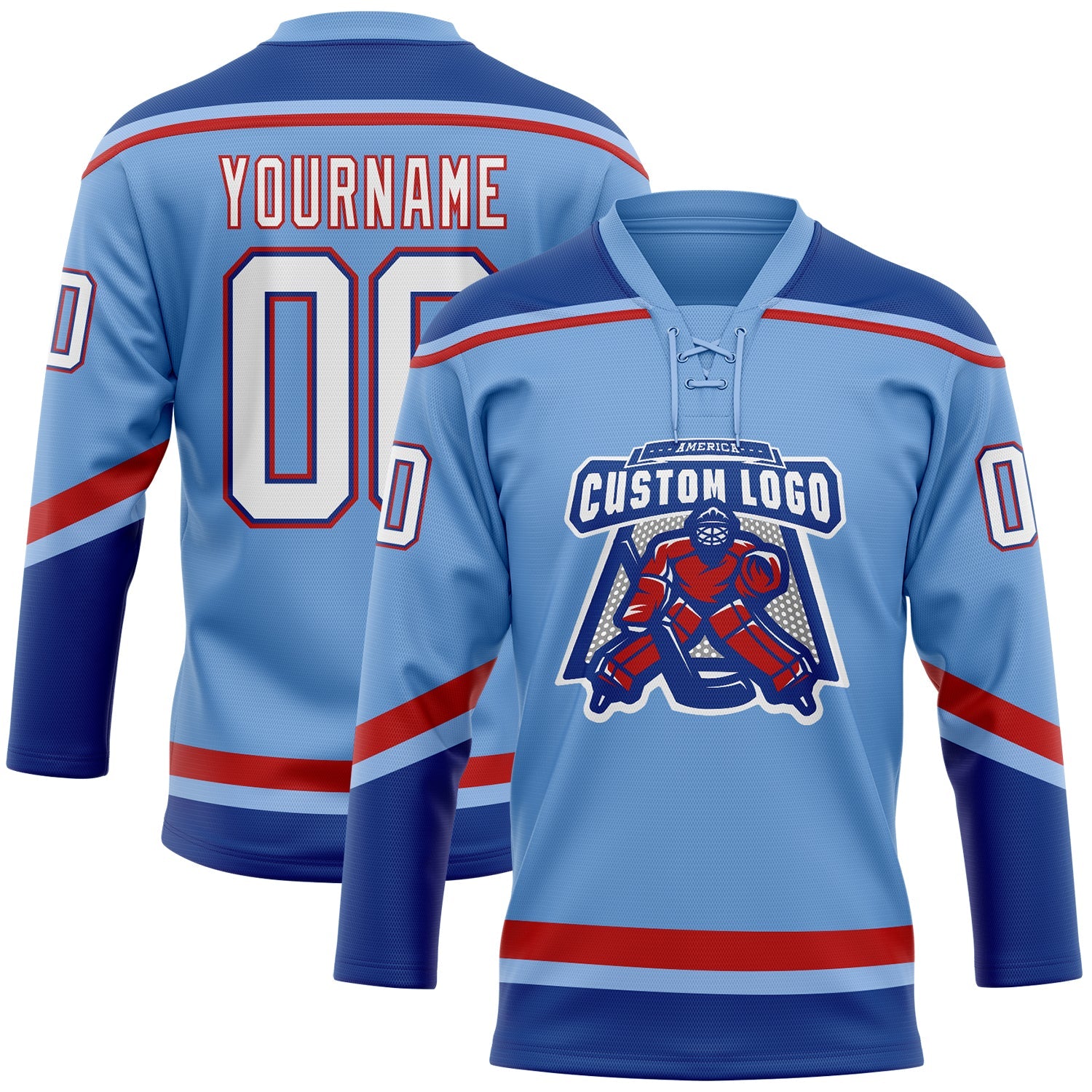 Custom Light Blue White Royal-Red Hockey Lace Neck Jersey view 2