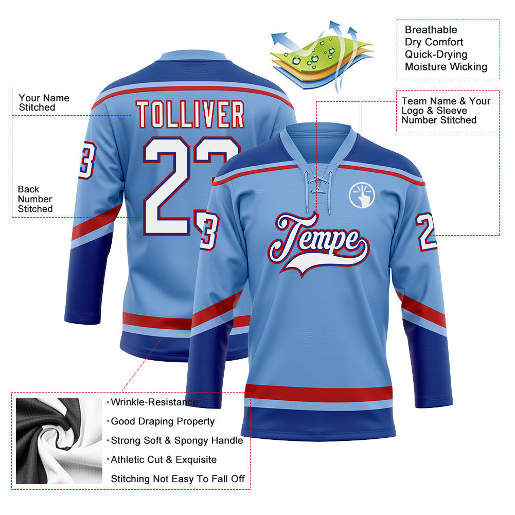 Custom Light Blue White Royal-Red Hockey Lace Neck Jersey view 3