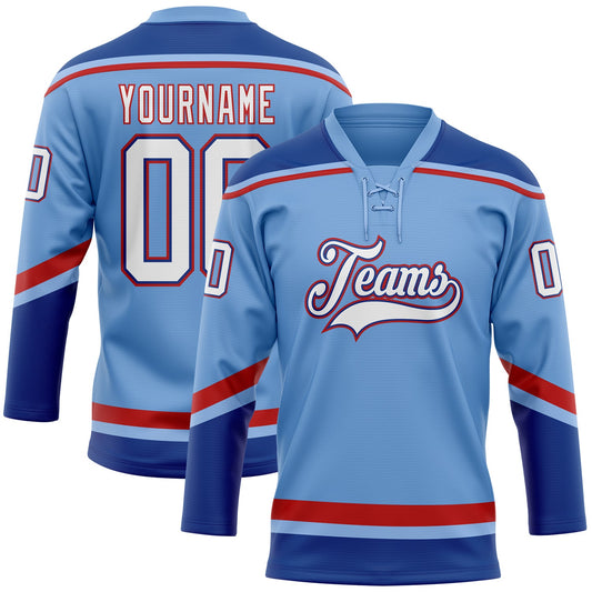 Custom Light Blue White Royal-Red Hockey Lace Neck Jersey - Main View