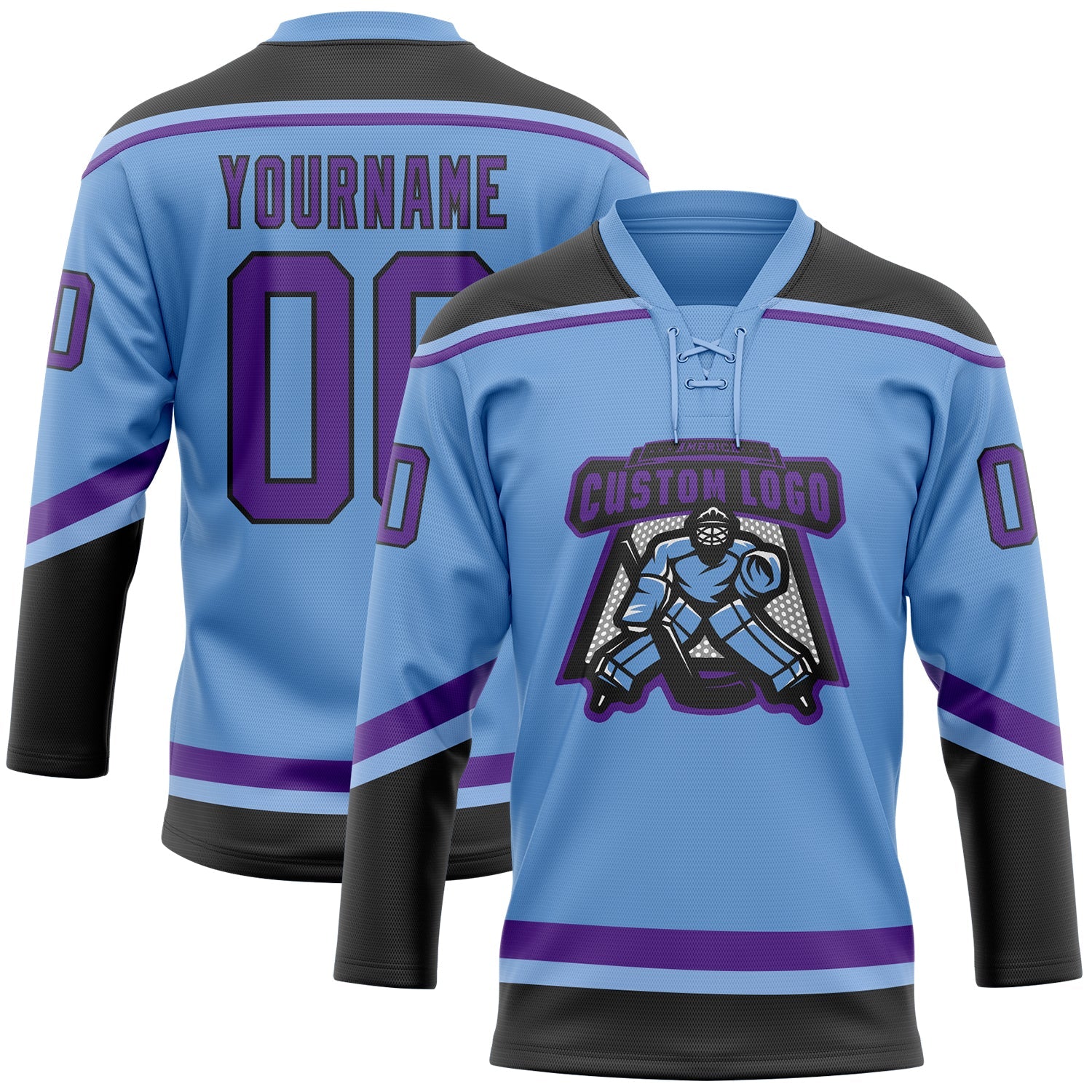 Custom Light Blue Purple-Black Hockey Lace Neck Jersey view 2