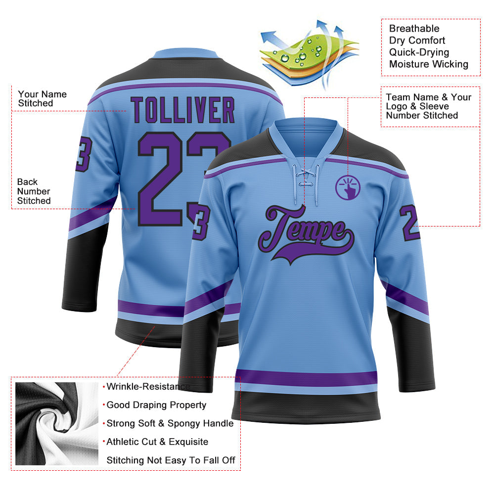 Custom Light Blue Purple-Black Hockey Lace Neck Jersey view 3