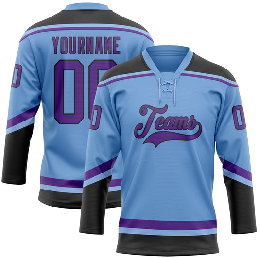Custom Light Blue Purple-Black Hockey Lace Neck Jersey - Main View