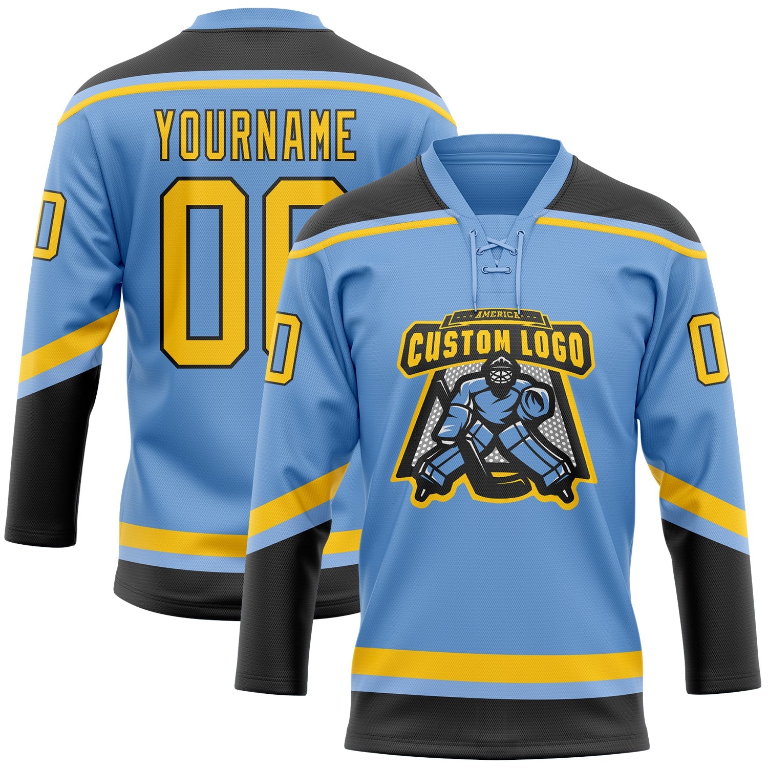 Custom Light Blue Yellow-Black Hockey Lace Neck Jersey view 2
