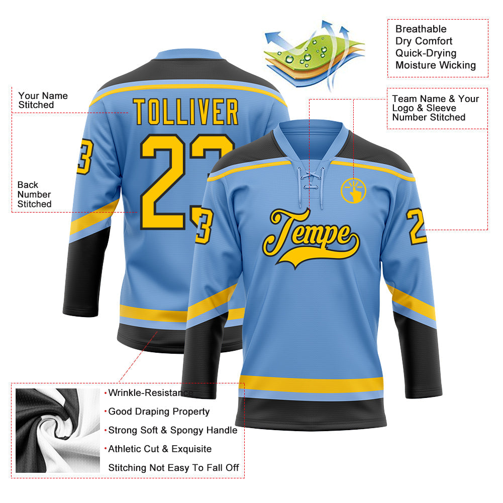 Custom Light Blue Yellow-Black Hockey Lace Neck Jersey view 3