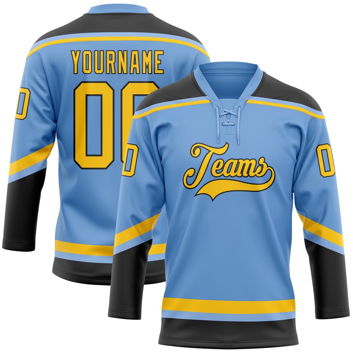 Custom Light Blue Yellow-Black Hockey Lace Neck Jersey - Main View