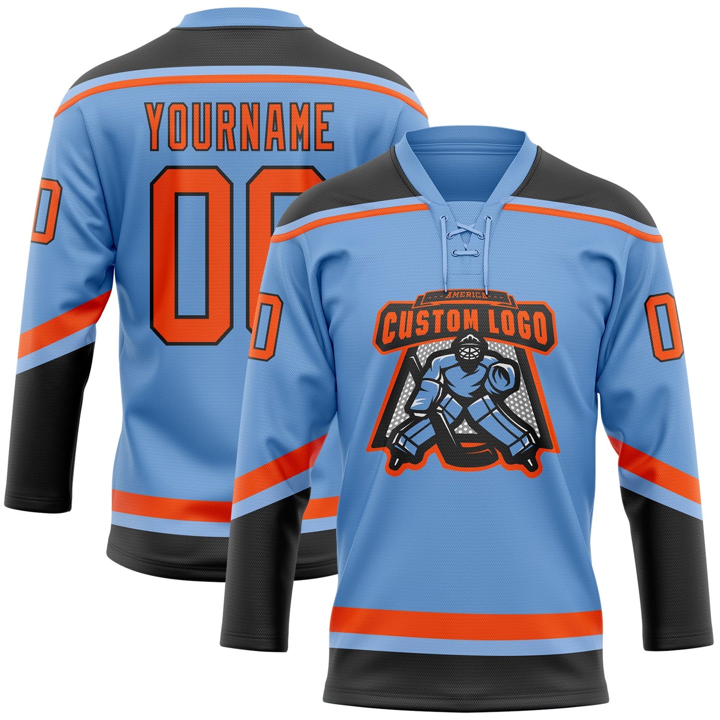 Custom Light Blue Orange-Black Hockey Lace Neck Jersey view 2