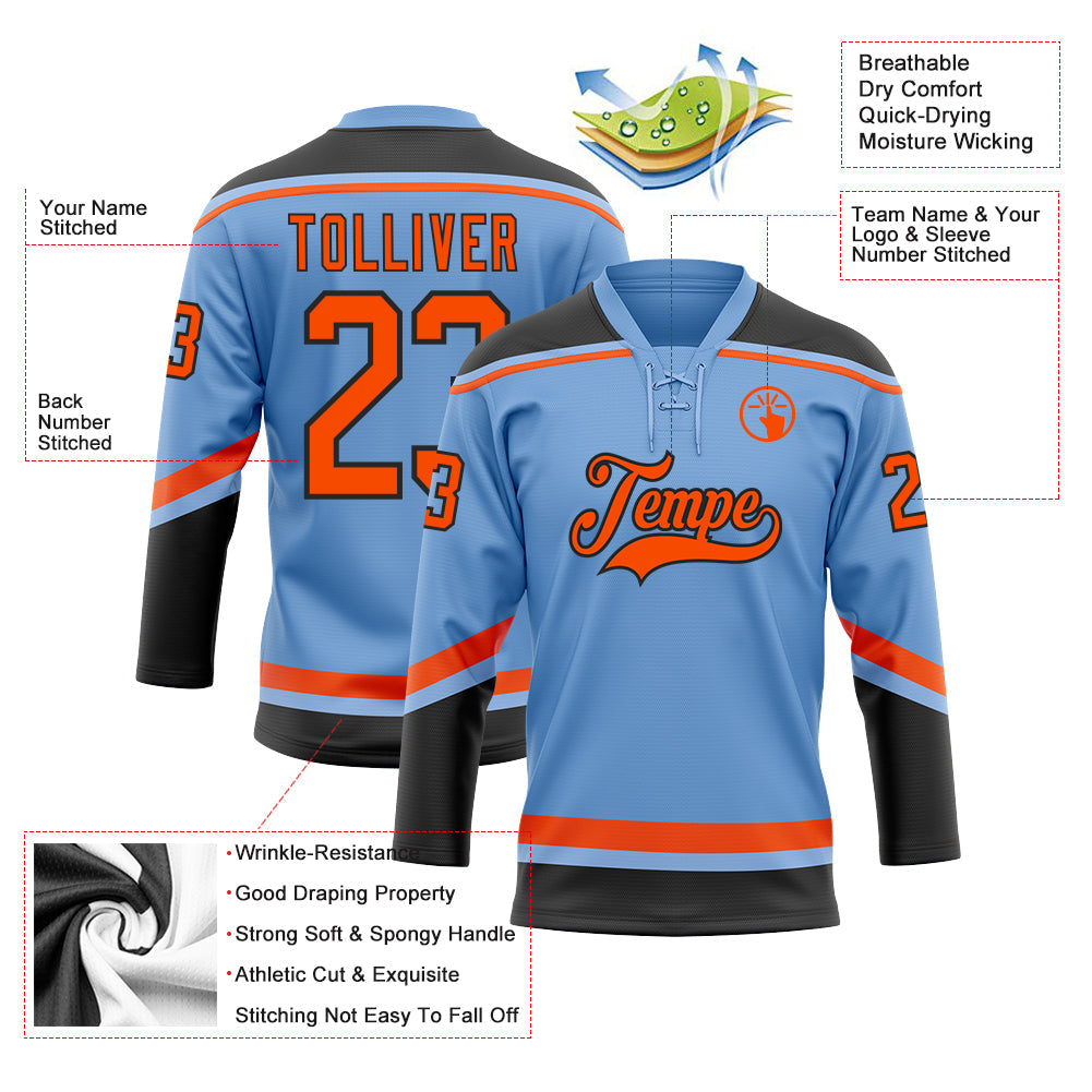 Custom Light Blue Orange-Black Hockey Lace Neck Jersey view 3