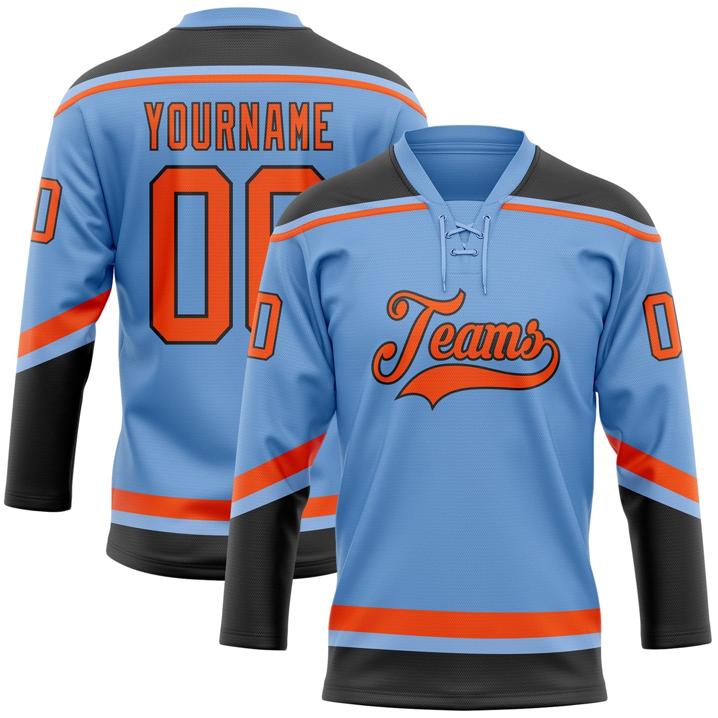 Custom Light Blue Orange-Black Hockey Lace Neck Jersey - Main View