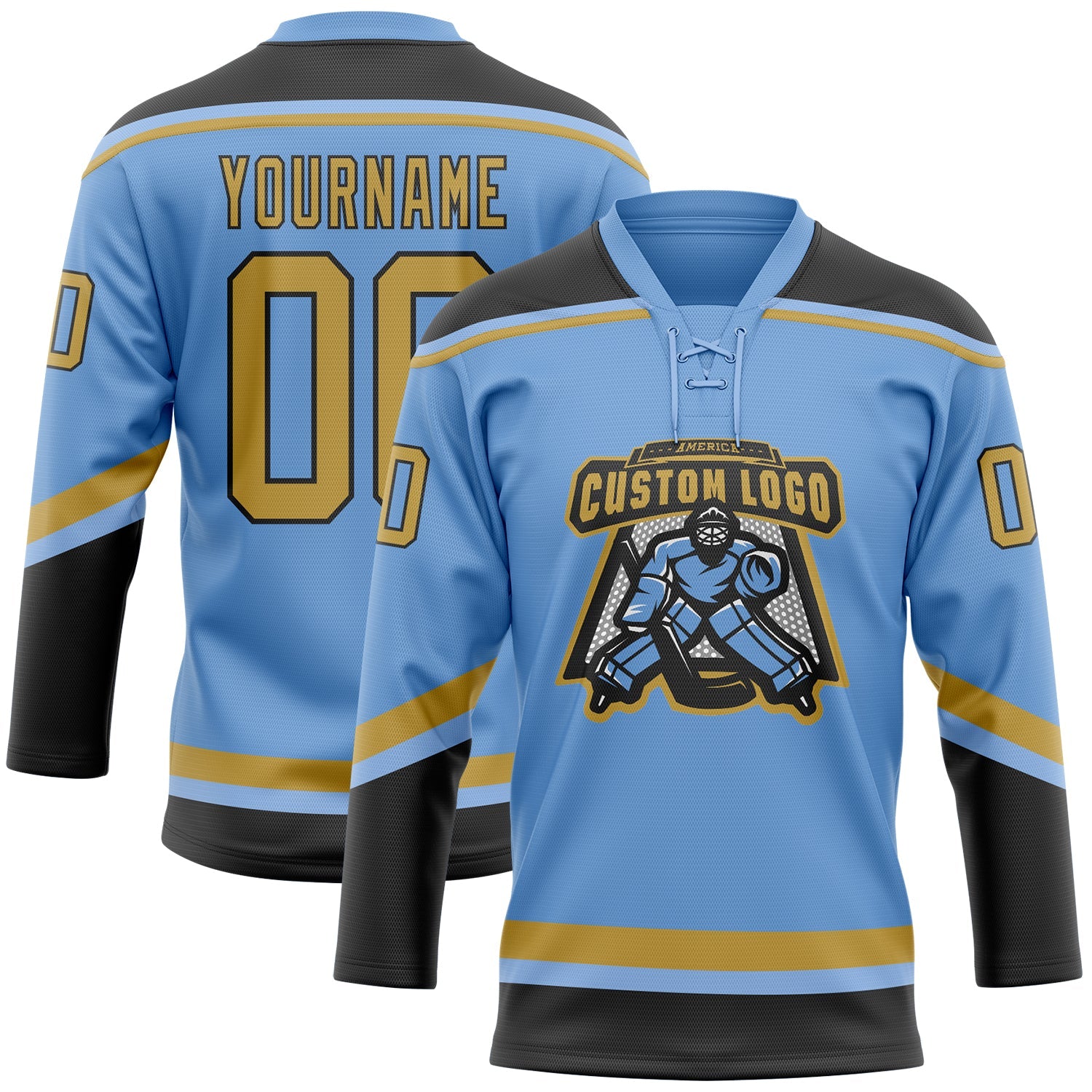 Custom Light Blue Old Gold-Black Hockey Lace Neck Jersey view 2