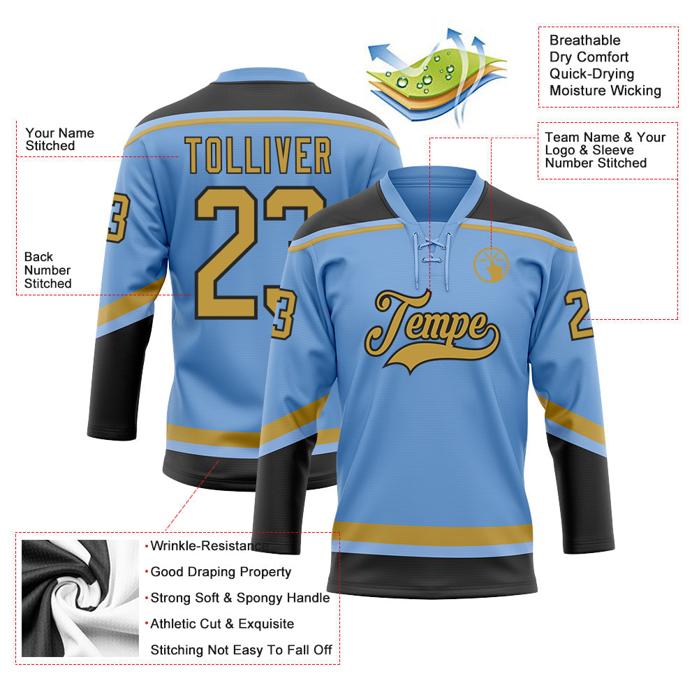 Custom Light Blue Old Gold-Black Hockey Lace Neck Jersey view 3
