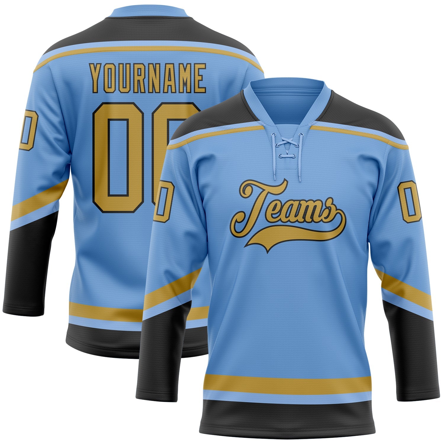 Custom Light Blue Old Gold-Black Hockey Lace Neck Jersey - Main View