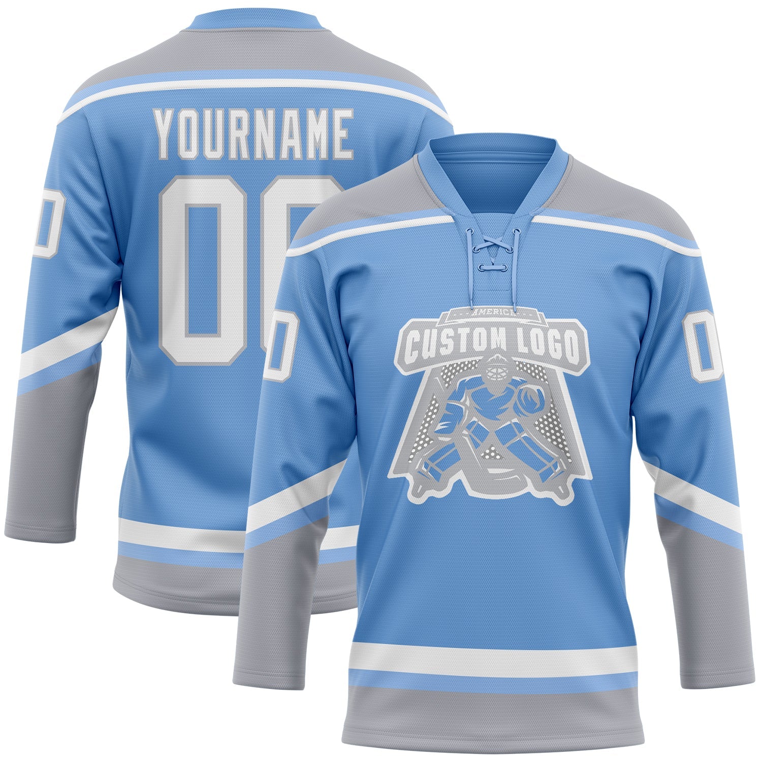 Custom Light Blue White-Gray Hockey Lace Neck Jersey view 2