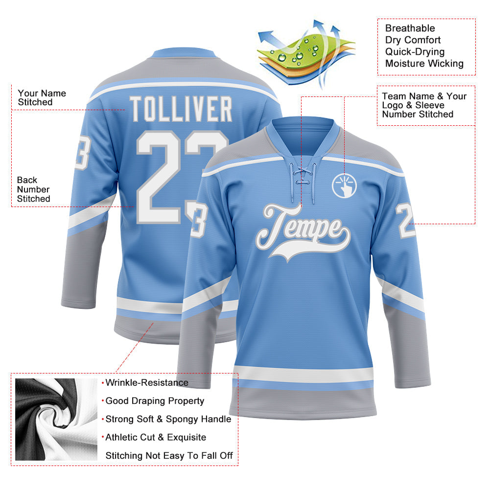 Custom Light Blue White-Gray Hockey Lace Neck Jersey view 3