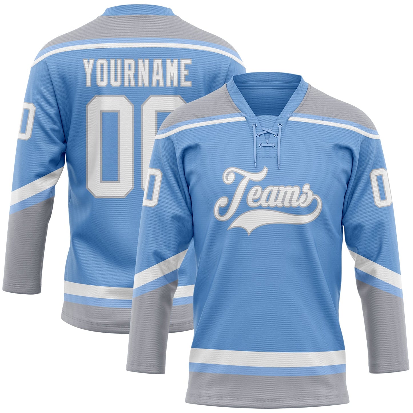 Custom Light Blue White-Gray Hockey Lace Neck Jersey - Main View