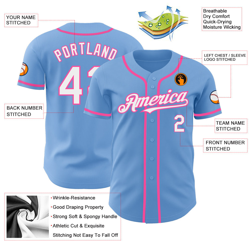 Custom Light Blue White-Pink Authentic Baseball Jersey view 3