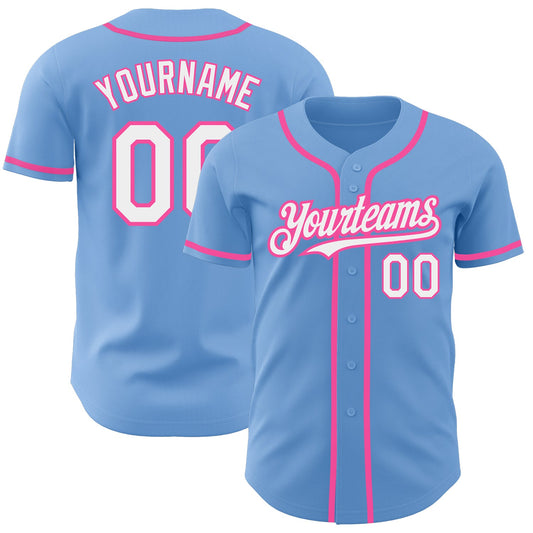 Custom Light Blue White-Pink Authentic Baseball Jersey - Main View