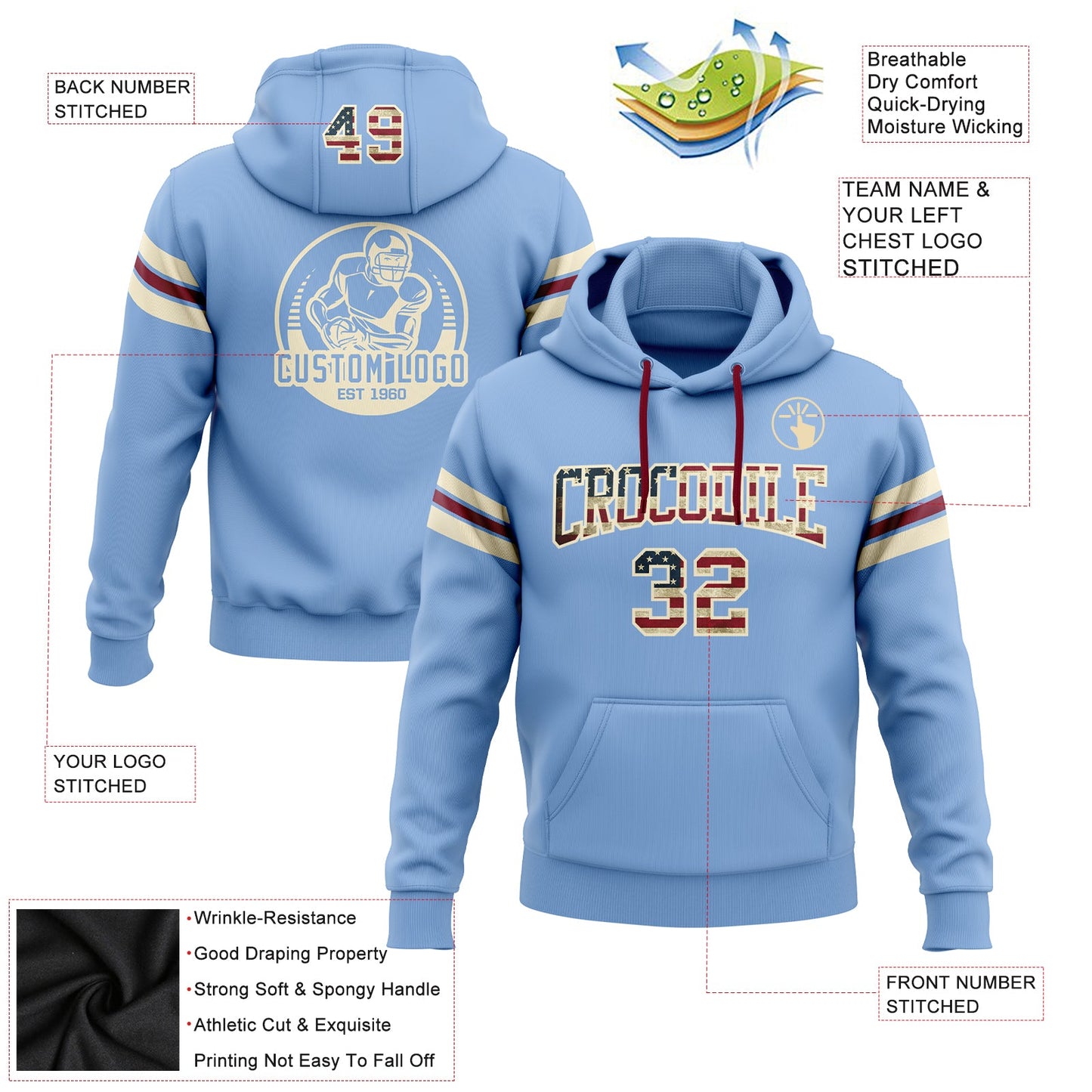 Custom Stitched Light Blue Vintage USA Flag Cream-Crimson Football Pullover Sweatshirt Hoodie view 2