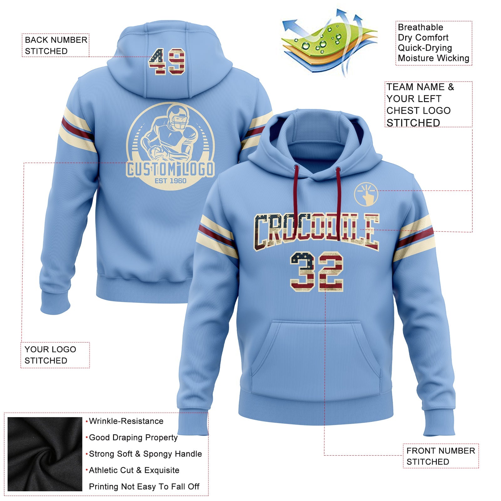 Custom Stitched Light Blue Vintage USA Flag Cream-Crimson Football Pullover Sweatshirt Hoodie view 2