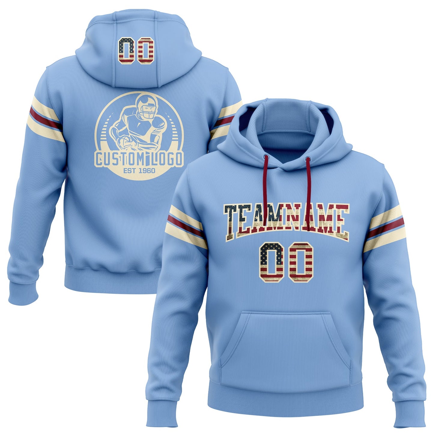 Custom Stitched Light Blue Vintage USA Flag Cream-Crimson Football Pullover Sweatshirt Hoodie - Main View